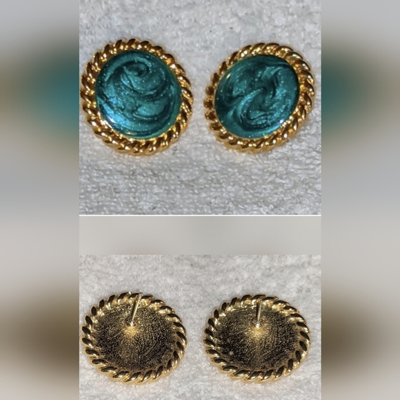 ♥️Vintage Italy Retro Stud Fashion Earrings 1" Fuschia & Emerald Marble, 2 Pair - Picture 8 of 8